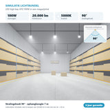 Simulatie lichtbundel LED high bay UFO 100W 20.000 lm koelwit 5000K 90°
