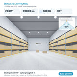 Simulatie lichtbundel LED high bay UFO 200W 39.000 lm daglichtwit 6000K 90°