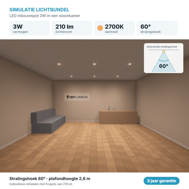 Simulation du faisceau lumineux spot LED encastrable 3W 210 lm blanc chaud 2700K 60°