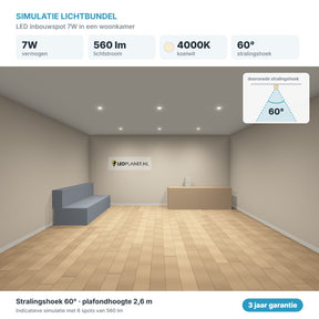 Simulatie lichtbundel LED inbouwspot 7W 560 lm koelwit 4000K 60°