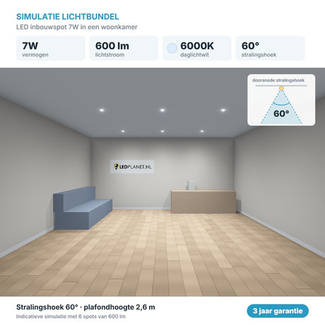 Simulatie lichtbundel LED inbouwspot 7W 600 lm daglichtwit 6000K 60°