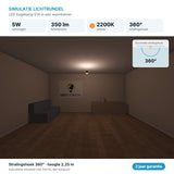 Simulatie lichtbundel LED kogellamp E14 5W 350 lm amber 2200K 360° in een woonkamer