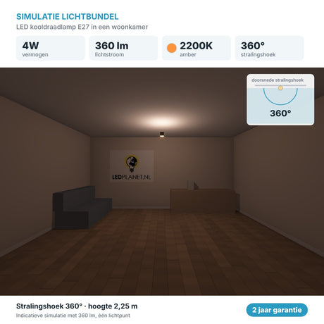 Simulatie lichtbundel LED kooldraadlamp E27 4W 360 lm amber 2200K 360° in een woonkamer