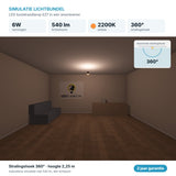 Simulatie lichtbundel LED kooldraadlamp E27 6W 540 lm amber 2200K 360° in een woonkamer