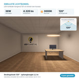 Simulatie lichtbundel LED lichtbalk hangend 120 cm 36W 4.320 lm warm wit 3000K 120° boven een bureau