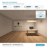 Simulatie lichtbundel LED lichtbalk hangend 150 cm 48W 5.760 lm warmwit 3000K 120° boven een bureau