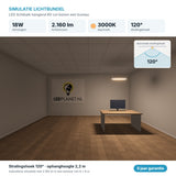 Simulatie lichtbundel LED lichtbalk hangend 60 cm 18W 2.160 lm warmwit 3000K 120° boven een bureau