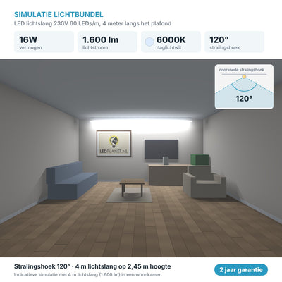 Simulatie lichtbundel LED lichtslang 230V 60 LEDs/m daglichtwit 6000K, 4 meter langs het plafond