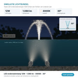 Lichtsimulatie LED onderwaterlampen 12W 1.080 lm koelwit 4000K, stralingshoek 30 graden op een fontein