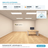 Simulatie lichtbundel LED paneel 30x120 28W 3.920 lm warmwit 3000K 90°