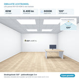 Simulatie lichtbundel LED paneel 60x120 60W 8.400 lm daglichtwit 6000K 120°