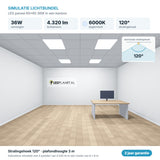 Simulatie lichtbundel LED paneel 60x60 36W 4.320 lm daglichtwit 6000K 120°
