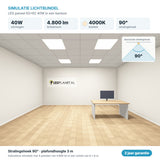 Simulatie lichtbundel LED paneel 62x62 40W 4.800 lm koelwit 4000K 90°