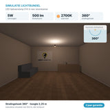 Simulatie lichtbundel LED tipkaarslamp E14 5W 500 lm warmwit 2700K 360° in een woonkamer