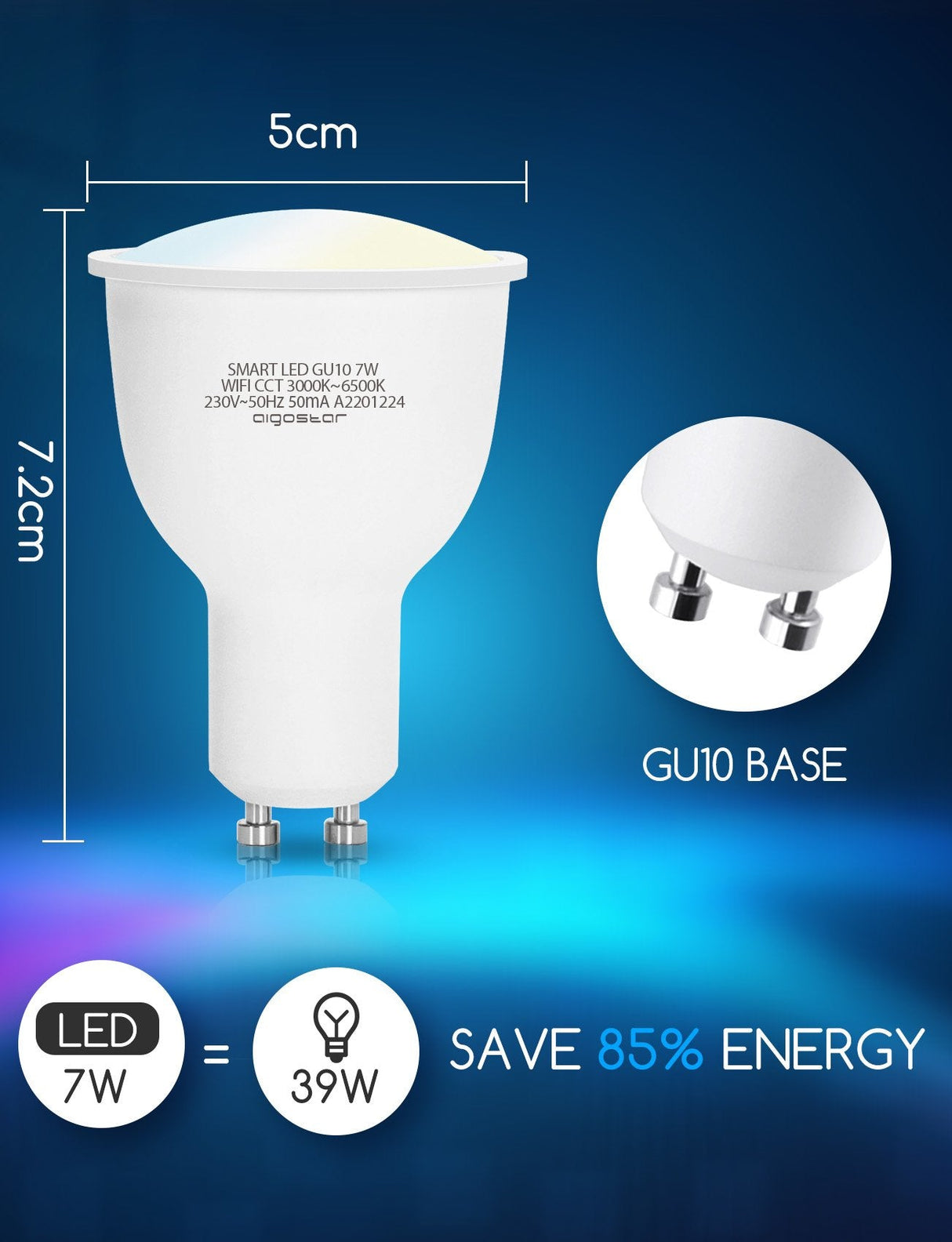 Aigostar GU10 wifi led spot kopen 7W 700lm 3000K IP20, energiezuinig en slim verlichtingsoplossing