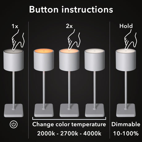 Lampe de table LED rechargeable 175 lumens - Intensité variable - 3 couleurs de lumière - Tactile - IP54 - Grise