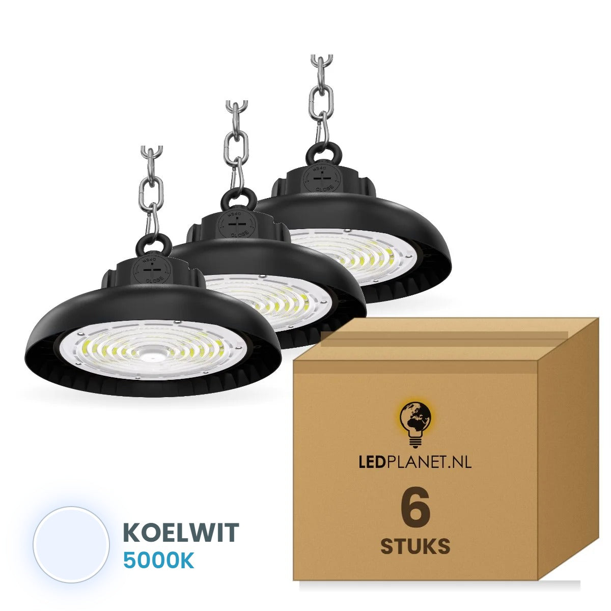 UFO LED Highbay 60W-80W-100W 18000lm, Instelbaar Vermogen, IP65, doos 6 stuks, 230V - lichtkleur Koelwit 5000K