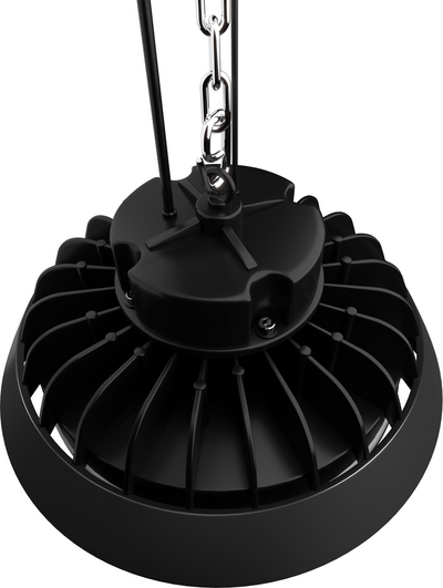 Luminaires LED UFO Blls noirs avec fixation par chaîne et refroidissement efficace