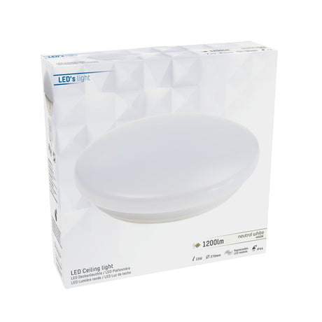 Plafonnier LED 900 lumens – 12 W – Blanc froid 4000 K – Ø 27 cm – Résistant aux projections d’eau IP44 – Salle de bains