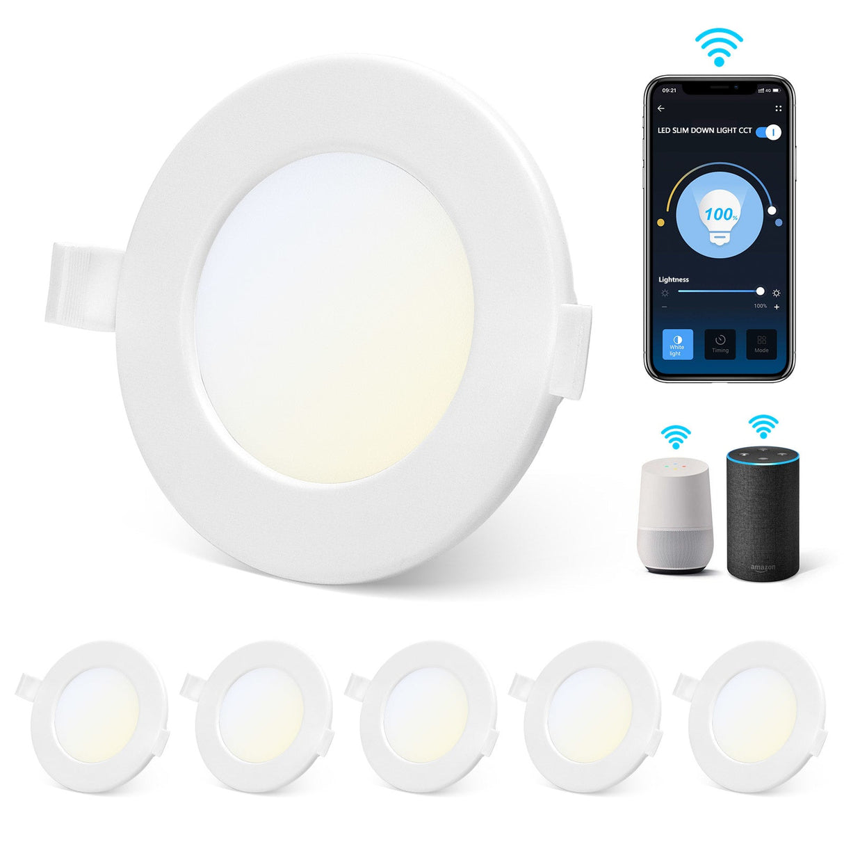Aigostar wifi led inbouwspot dimbaar 12cm 1000lm 3000K IP20 5-pack met app-besturing